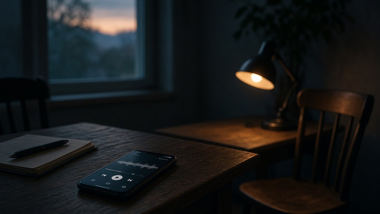 A phone with an audio player on a quiet desk, and an empty chair under a lamp.