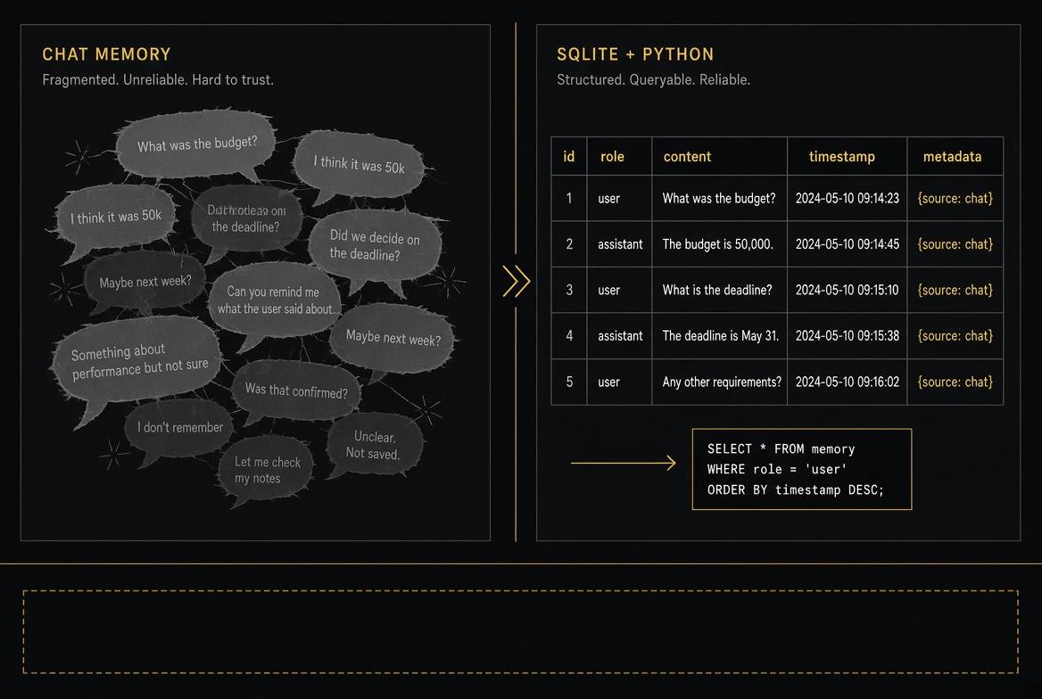 Chat memory versus a queryable SQLite table plus Python.