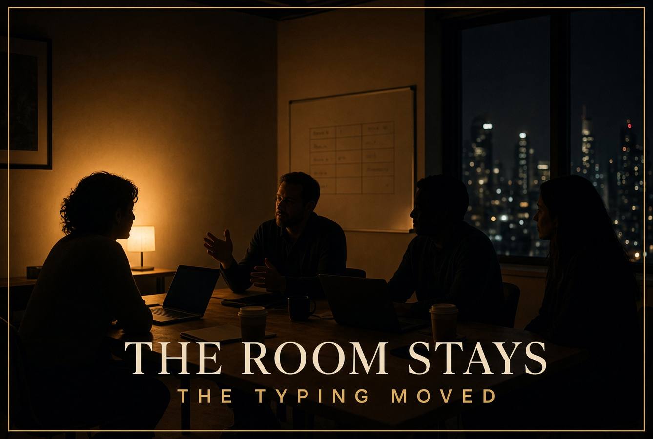 Evening table. The room stays. The typing moved.