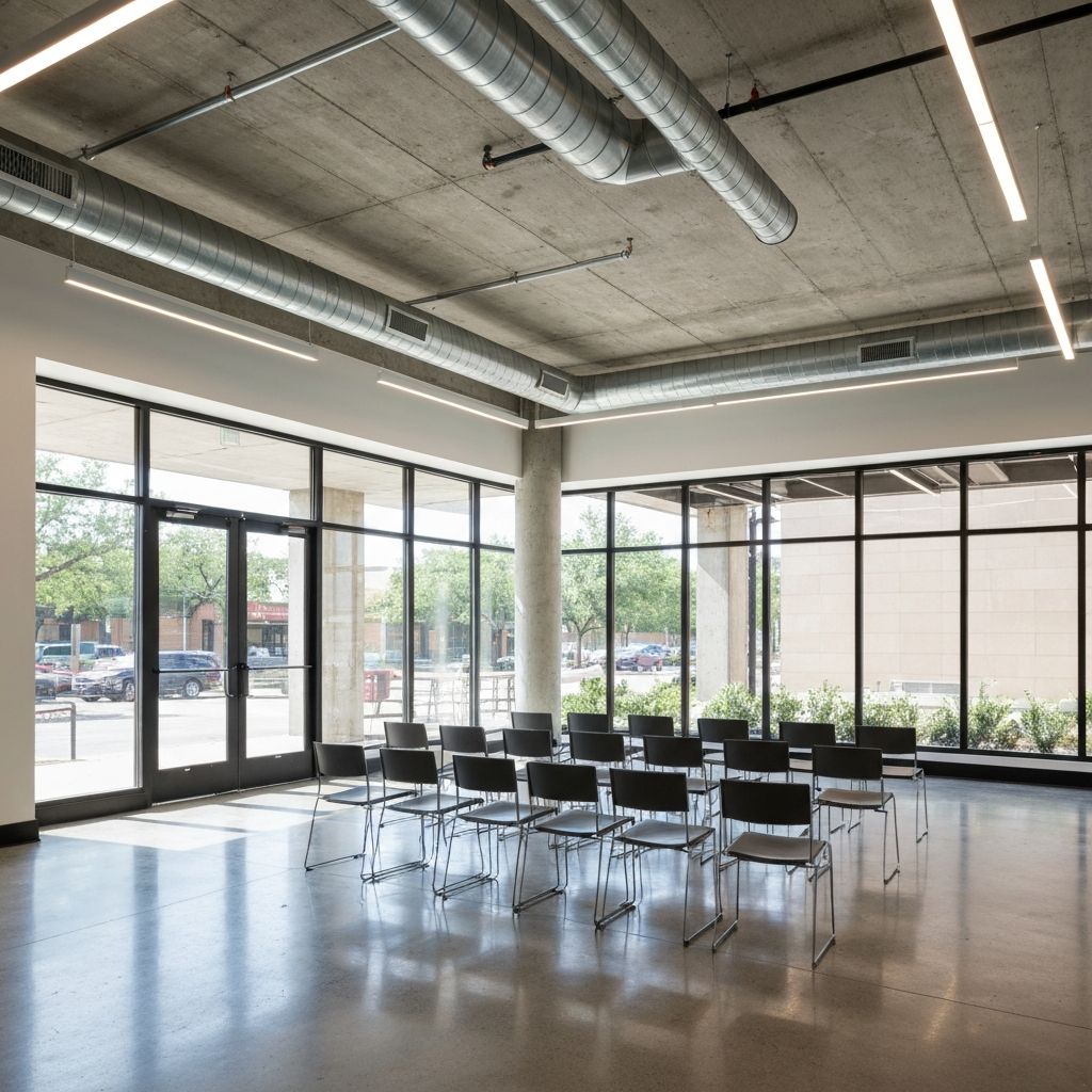 Pirin.ai workshop space at Este Condominiums, 2235 East 6th Street Suite 101, Austin TX -- bright corner unit with storefront windows and high ceilings